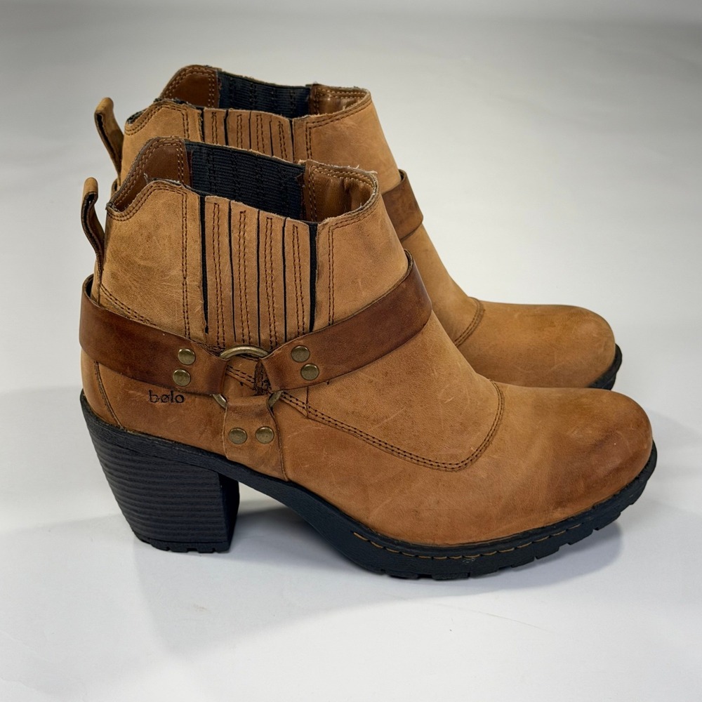 Bolo by Born Boots Women 10/42 Tan Leather Harness Ankle Moto Biker Western Boho
